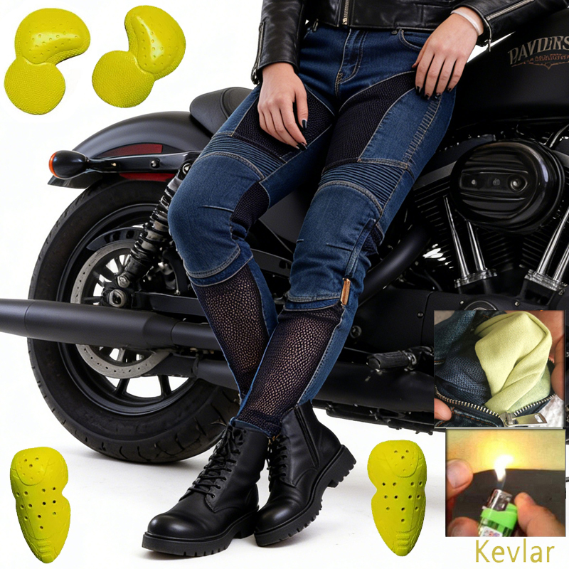 Motorcycle Gear For Summer - กางเกงขี่มอเตอร์ไซค์สำหรับผู้หญิง รุ่นซัมเมอร์ ผ้าเดนิมสีน้ำเงินทั้งตัว ผสมเคฟลาร์ ทนทานต่อการเสียดสี กันลม