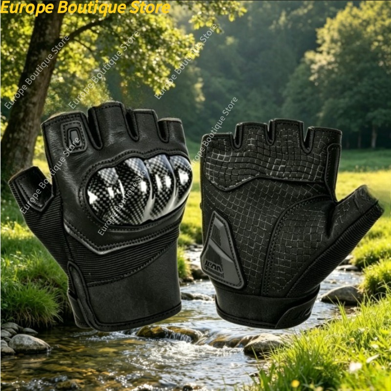 Motorcycle Gear For Summer - ถุงมือมอเตอร์ไซค์แบบครึ่งนิ้ว หนังแท้ เปลือกคาร์บอนไฟเบอร์ ระบายอากาศได้ดี ป้องกันการตกกระแทก สำหรับผู้ชาย