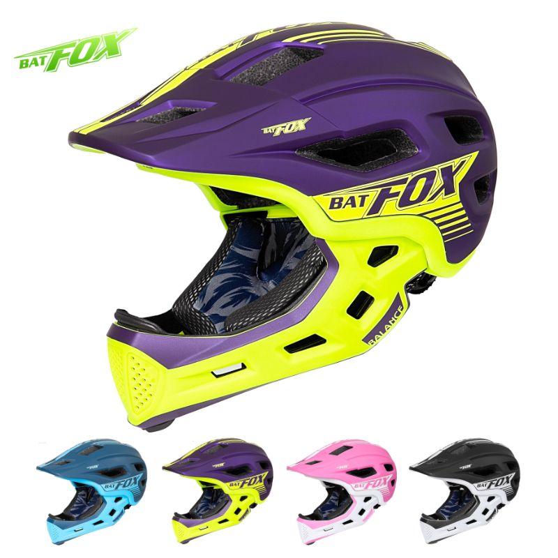 Motorcycle Gear Kids - BATFOX หมวกกันน็อคแบบเต็มหน้าเด็กความปลอดภัยที่ถอดออกได้ขี่จักรยานจักรยานสเก็ตบอร์ดสเก็ตสกูตเตอร์รองเข่าชุดหมวกกันน็อคจักรยานเด็ก