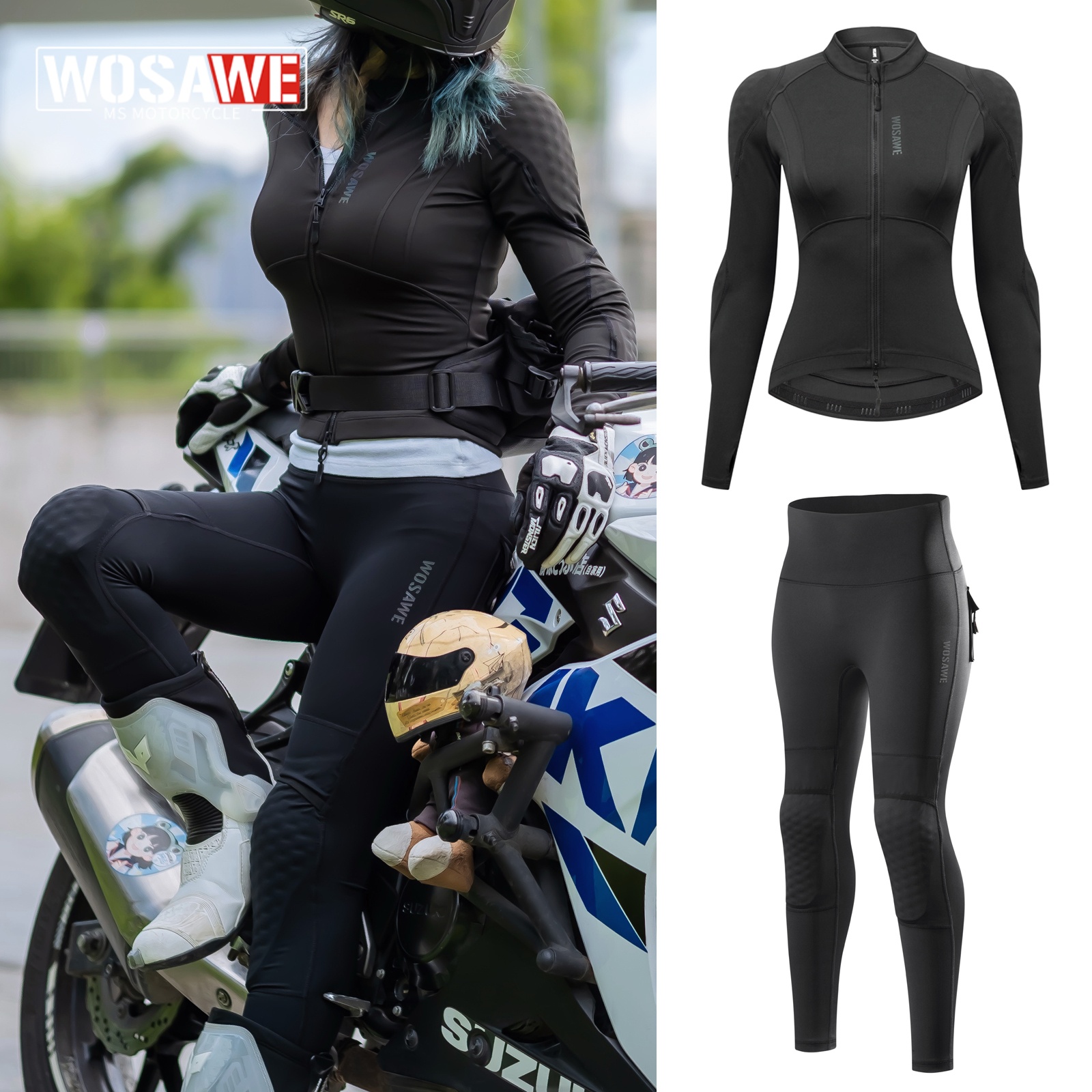 Motorcycle Gear For Summer - WOSAWE เสื้อแจ็คเก็ตสไตล์มอเตอร์ไซค์สำหรับผู้หญิง ฤดูร้อน ทรงเข้ารูป เสื้อแจ็คเก็ตมอเตอร์ไซค์ กางเกงมอเตอร์ครอส