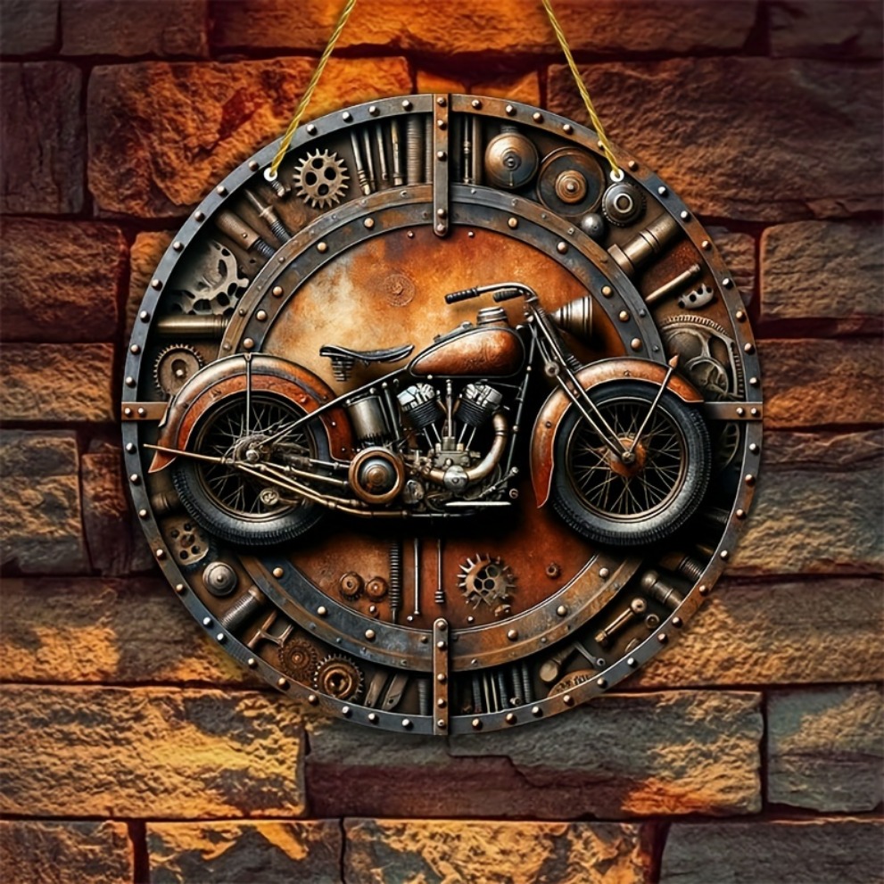 Motorcycle Gear Pattern - ป้ายโลหะทรงกลมลายอุปกรณ์มอเตอร์ไซค์สไตล์สตีมพังก์วินเทจ 2 มิติ ขนาด 7.87x7.87 นิ้ว